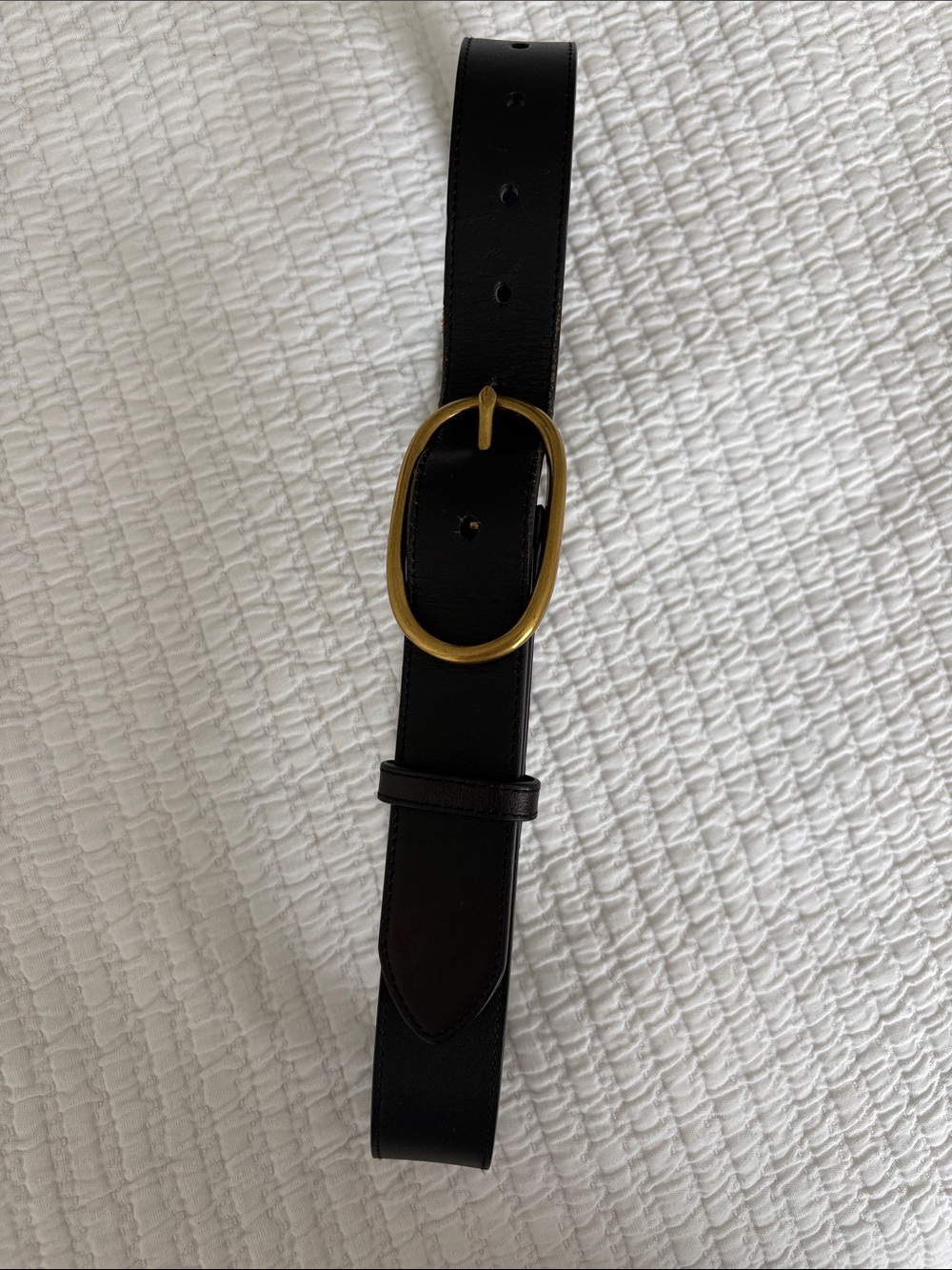 Black Leather Belt with Gold Oval Brass Buckle